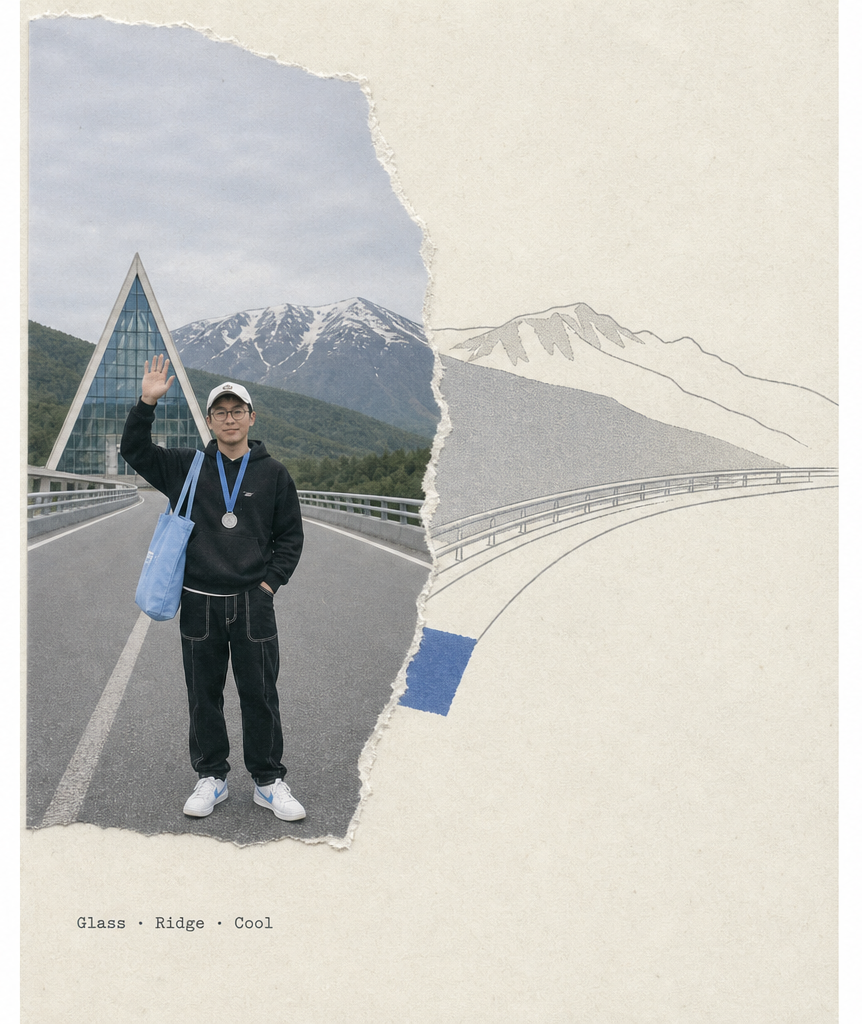 A walker on a mountain path toward distant peaks. Caption: Crossing.