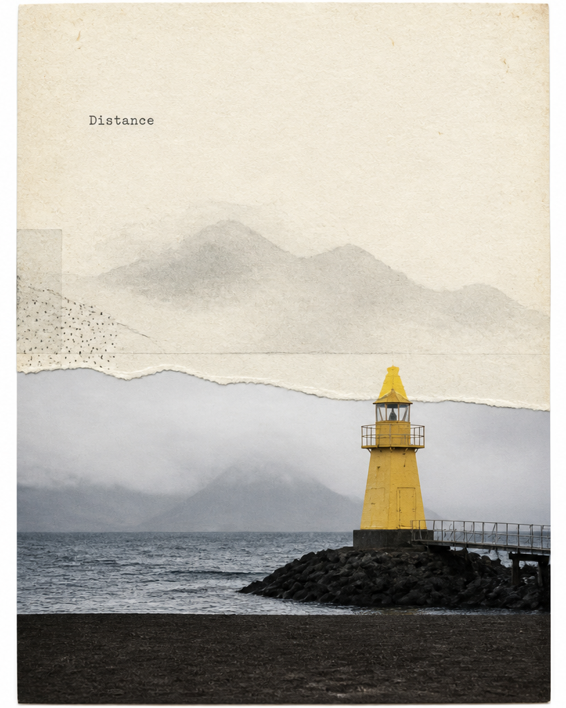 Lighthouse on a coast under a pale gold sky. Caption: Distance.