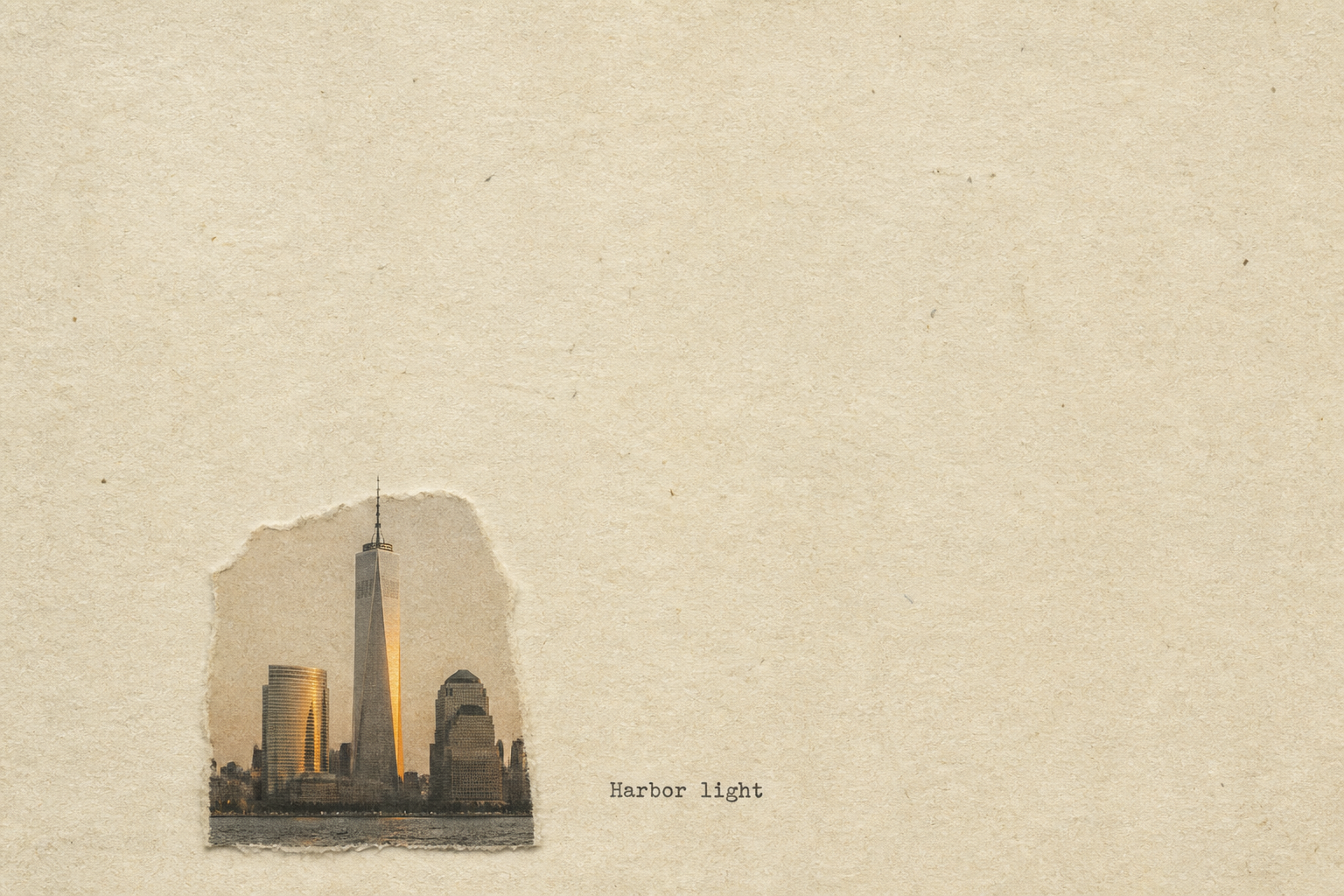 Harbor water and a far city on mostly empty paper. Caption: Harbor light.