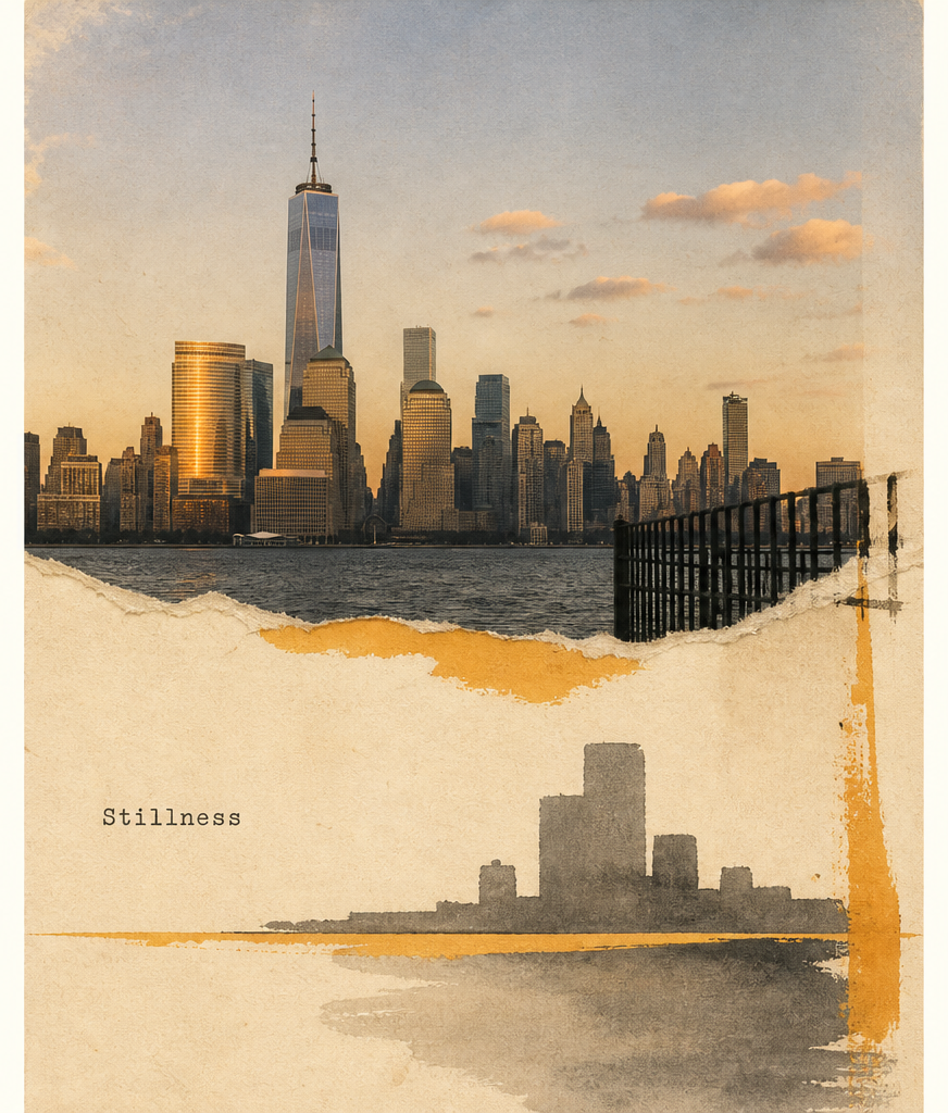 Torn-paper zine poster of a harbor at dusk, fading into a pale city sketch. Caption: Stillness.