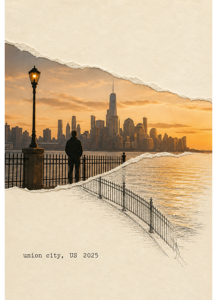 Torn-paper postcard of a waterfront skyline. Caption: union city, US 2025.